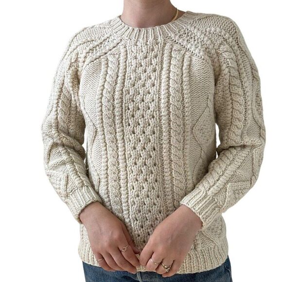 Vintage 1990s Esprit White 100% Wool Cable Knit Chunky Fisherman Sweater Sz S - Picture 3 of 7